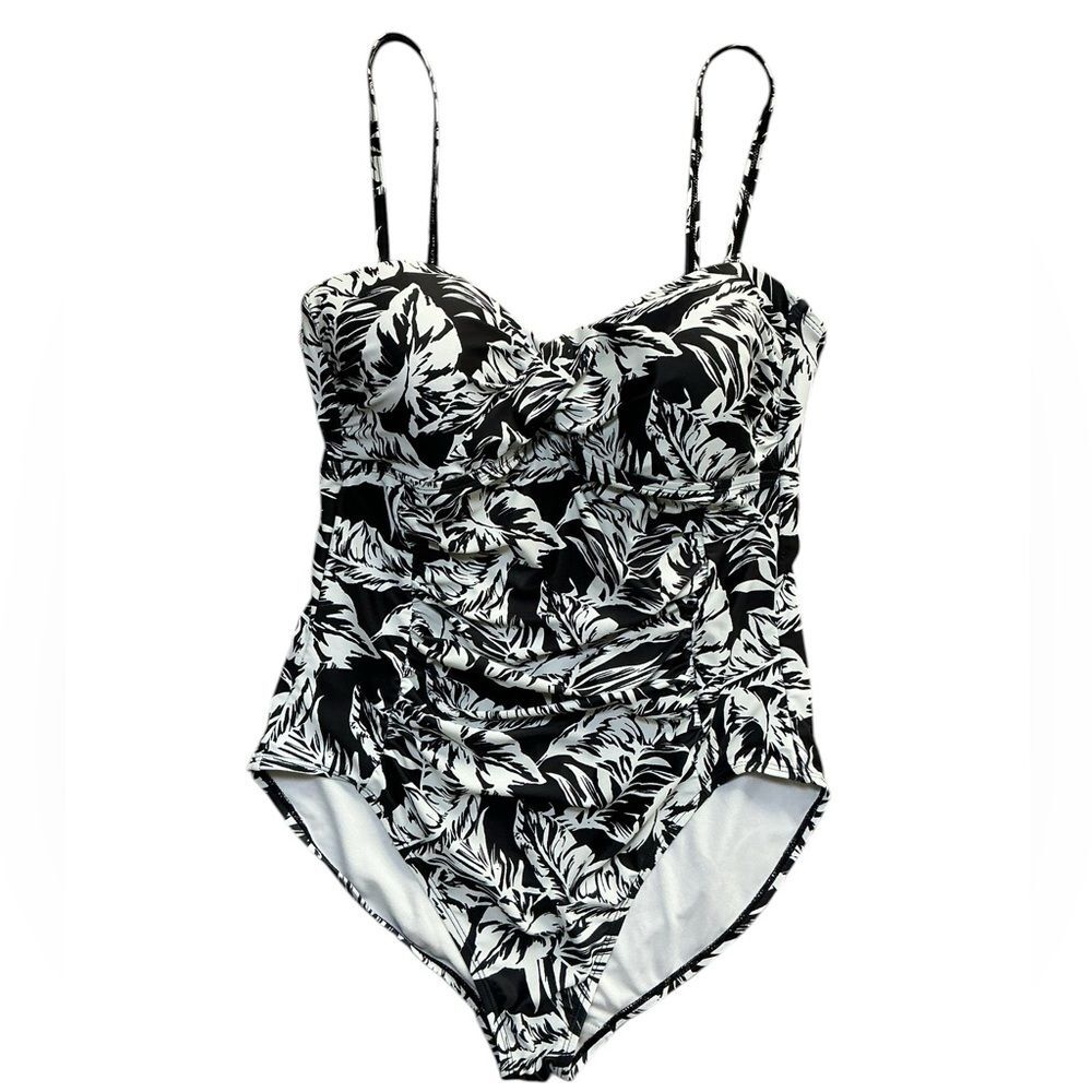 Anne Cole Black White Tropical One Piece Swimsuit Ruched